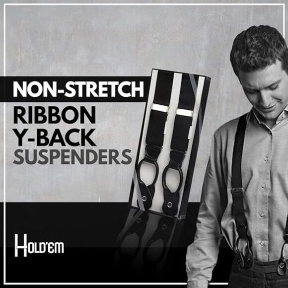 HOLD'EM Men Suspender Y-Back Leather Trimmed Button End Non-Stretch - Navy - Picture 5 of 7